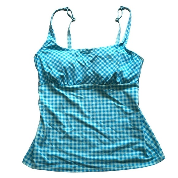 LANDS’ END Light Aqua & Blue Gingham Check Adjustable Strap Tankini Top Size 10 - Picture 1 of 6